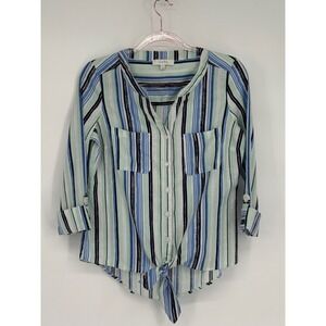 Coral Bay Blue Green‎ Striped 3/4 Sleeve Tie Front Blouse Top Sz S